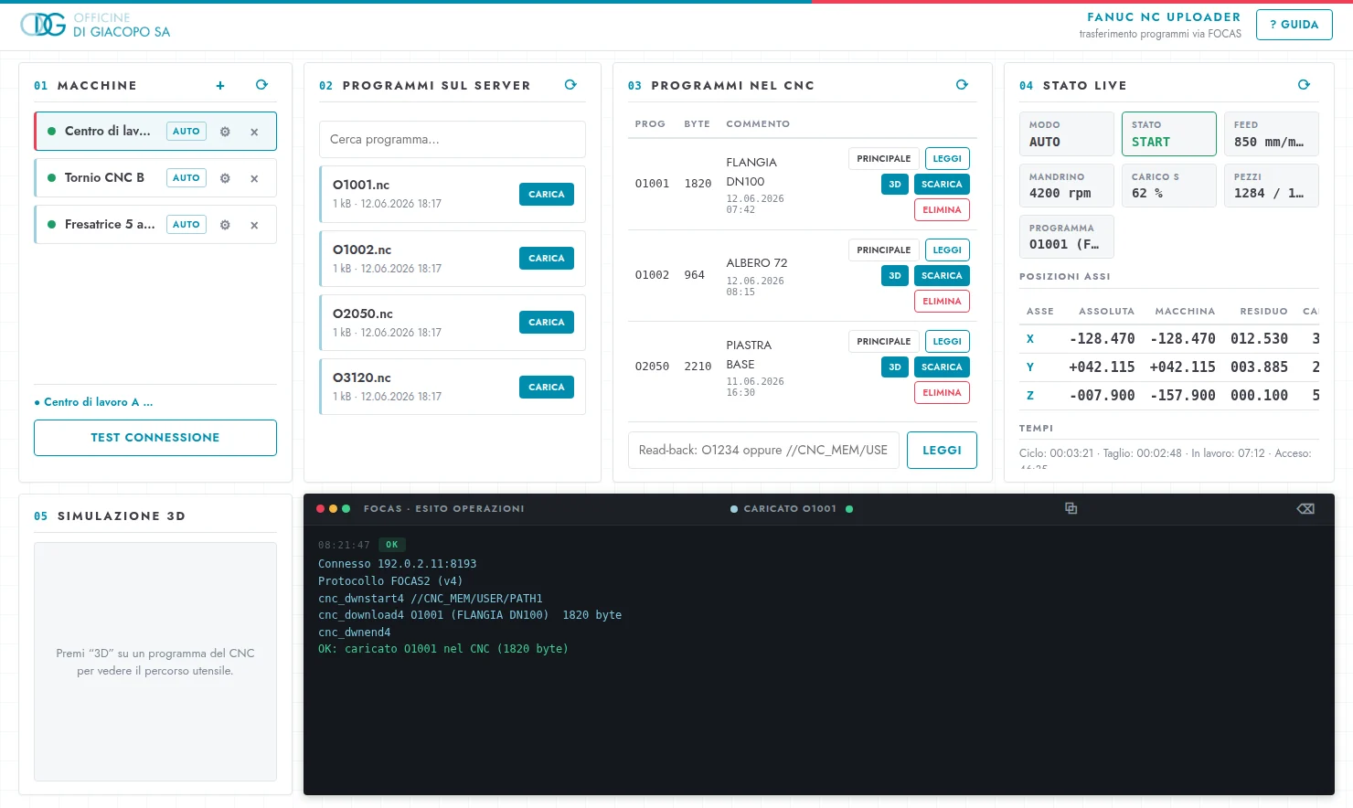 NetSource application interface: machine list, programs on the server and in the CNC, live status and the terminal confirming program O1001 loaded into the machine.