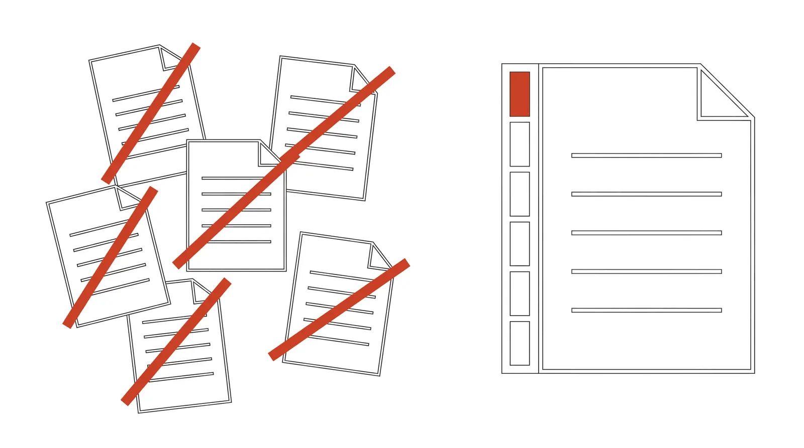 Technical drawing: on the left scattered copies of the same program, crossed out; on the right a single document with the version strip along its side.