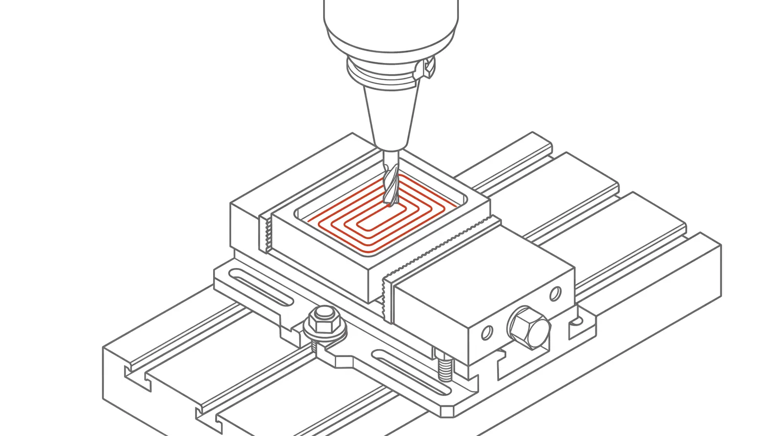 Technical drawing: a part clamped in a vice, an end mill in the spindle and the concentric passes inside the pocket.