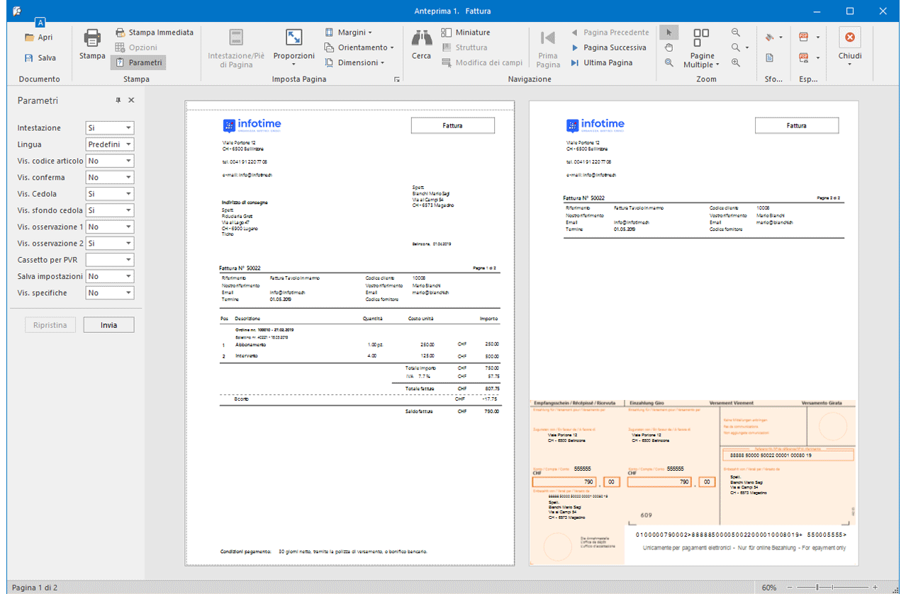 Swiss QR invoice in InfoTime: QR-bill block with structured reference and QR-IBAN, ready to print.